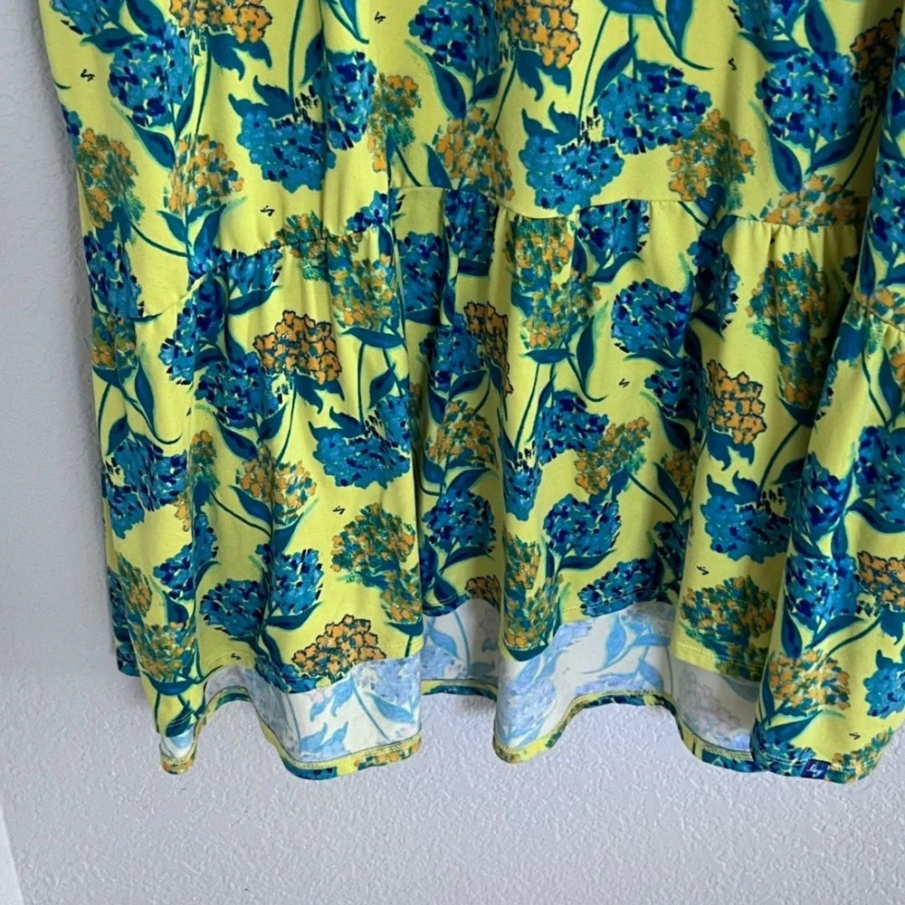 Lug Swing Dress Womens 3X Yellow Blue Floral Tiered Ruffle Hem Pockets Recycled - Picture 9 of 10